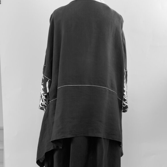 Black Linen Top and Harem Pants Set with White Print & Embroidery New XL or sz 3 - Picture 5 of 16